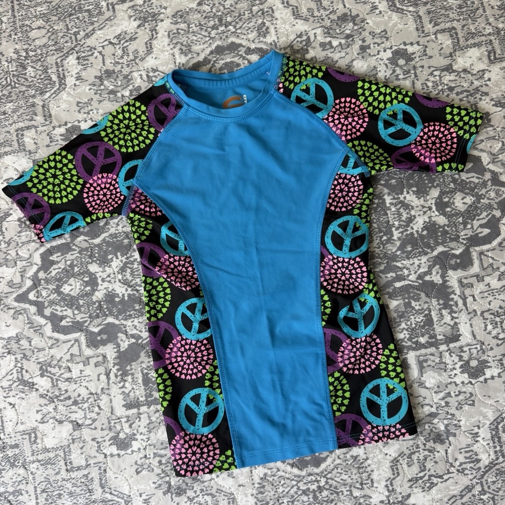 O'Rageous Rash Guard UPF 50+ Swim Shirt Short Sleeve Youth XS Peace Sign